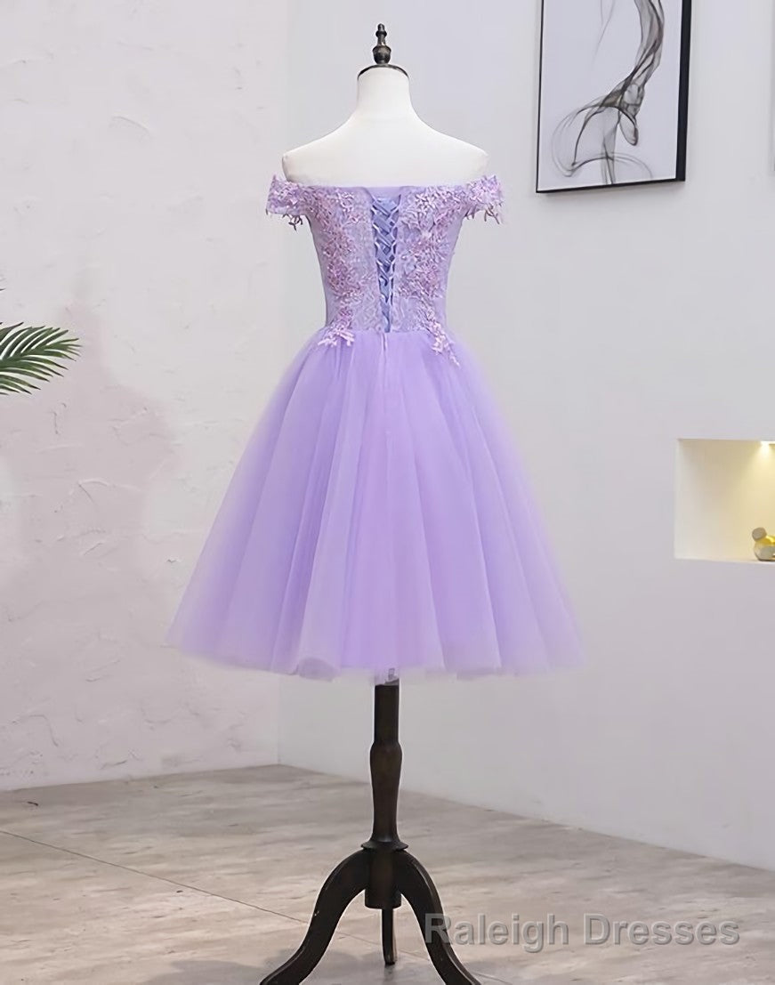 Light Purple Lace And Tulle Off The Shoulder Homecoming Dress, Short Prom Dress