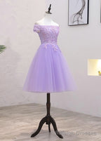 Light Purple Lace And Tulle Off The Shoulder Homecoming Dress, Short Prom Dress
