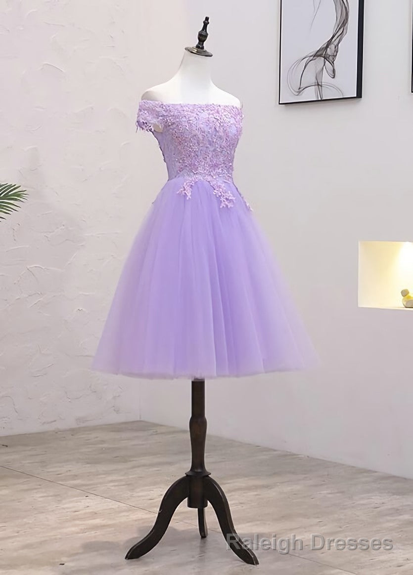 Light Purple Lace And Tulle Off The Shoulder Homecoming Dress, Short Prom Dress