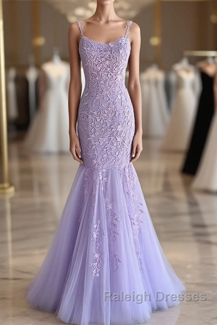 Light Purple Lace Mermaid Prom Dresses, Purple Lace Mermaid Formal Evening Dresses