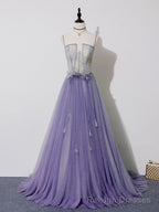 Light Purple Lace Top and Tulle A-line Straps Evening Dress Formal Dress, Purple Prom Dress