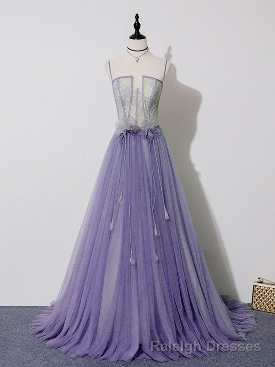 Light Purple Lace Top and Tulle A-line Straps Evening Dress Formal Dress, Purple Prom Dress
