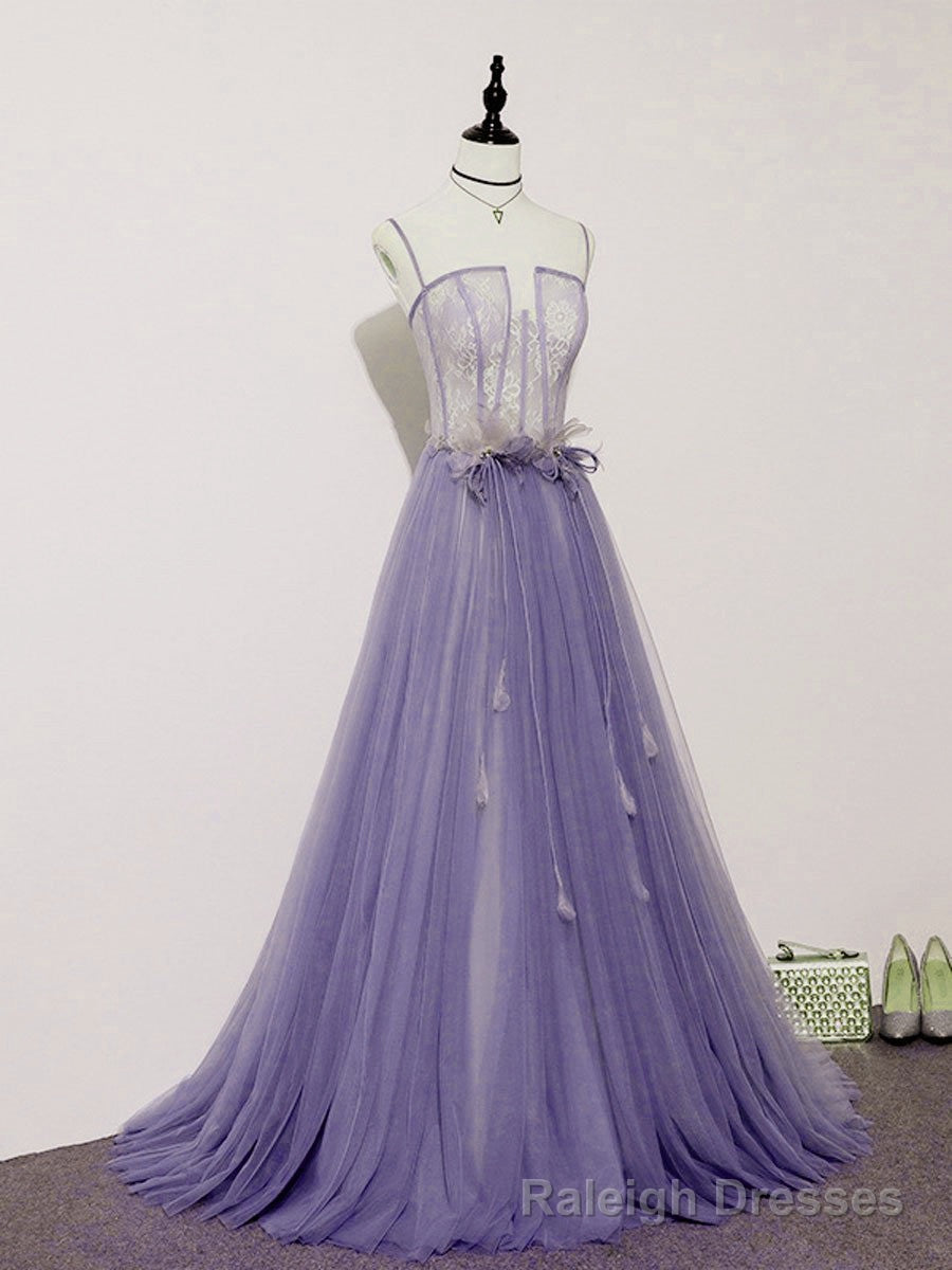 Light Purple Lace Top and Tulle A-line Straps Evening Dress Formal Dress, Purple Prom Dress Main image