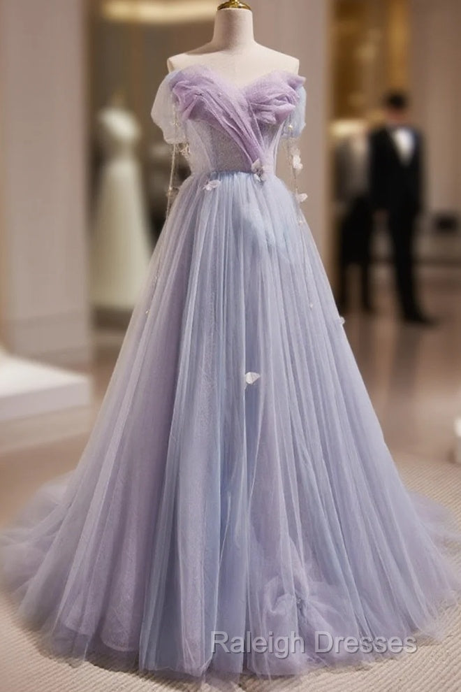 Light Purple Off Shoulder Sweetheart Long Formal Dress, Light Purple Tulle Prom Dress Main image