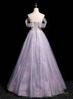 Light Purple Off Shoulder Tulle Long Party Dress, A-Line Light Purple Prom Dress