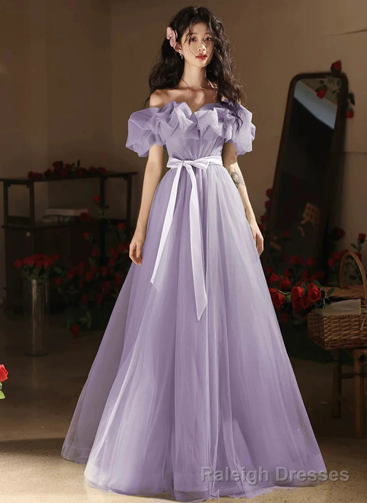 Light Purple Off Shoulder Tulle Party Dress, Light Purple Prom Dress Secondary image