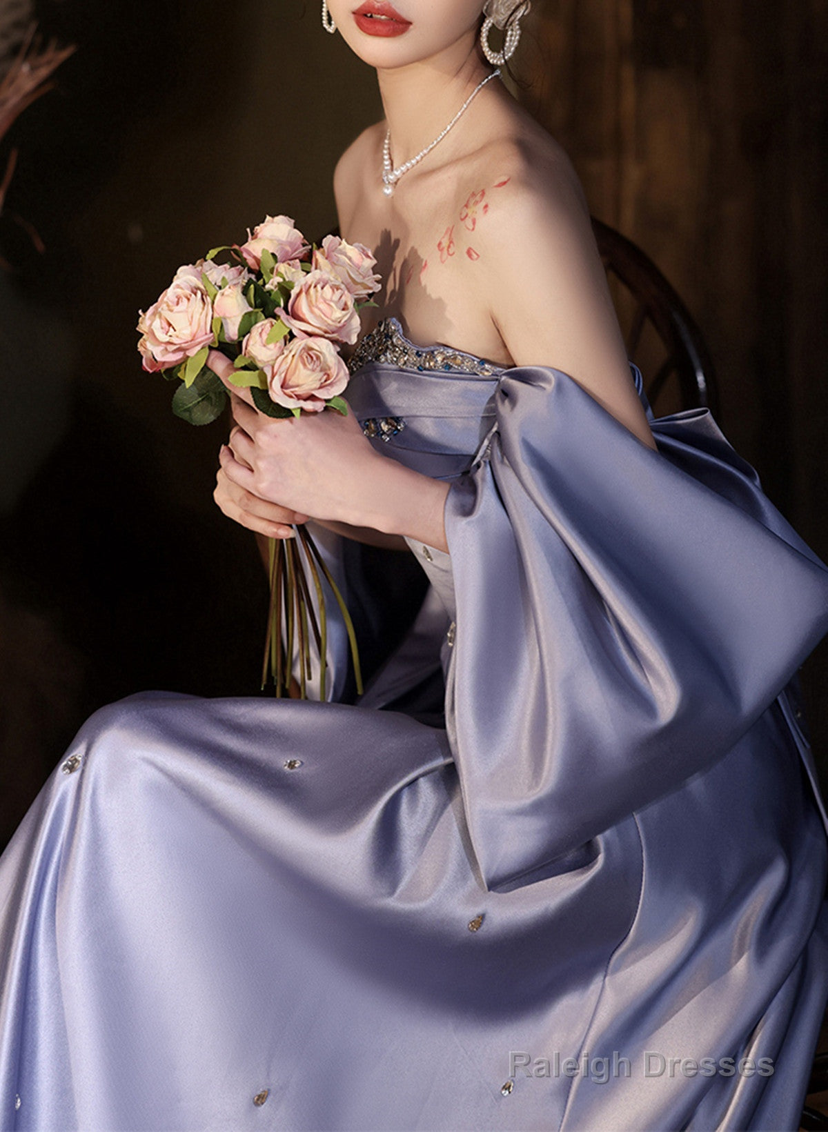 Light Purple Satin Beaded Off Shoulder Prom Dress, Light Purple Evening Dress Secondary image