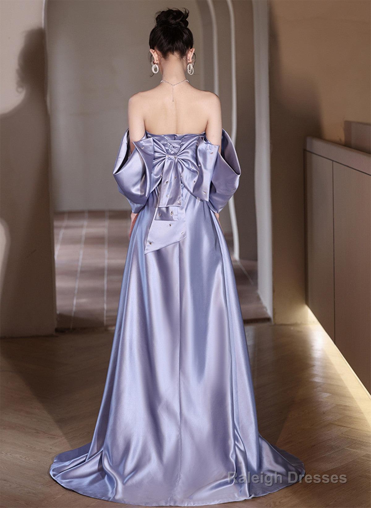 Light Purple Satin Beaded Off Shoulder Prom Dresses Light Purple Prom Dresses