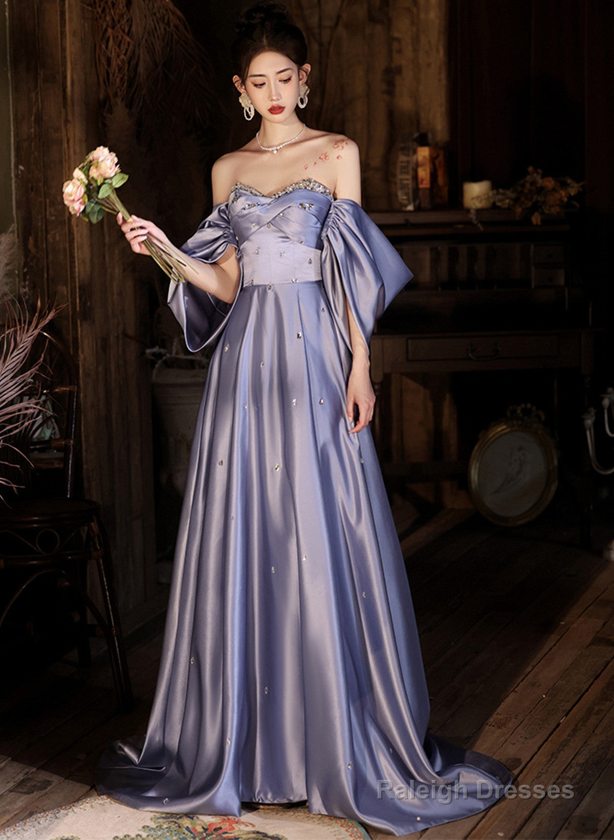 Light Purple Satin Beaded Off Shoulder Prom Dress, Light Purple Evening Dress Main image