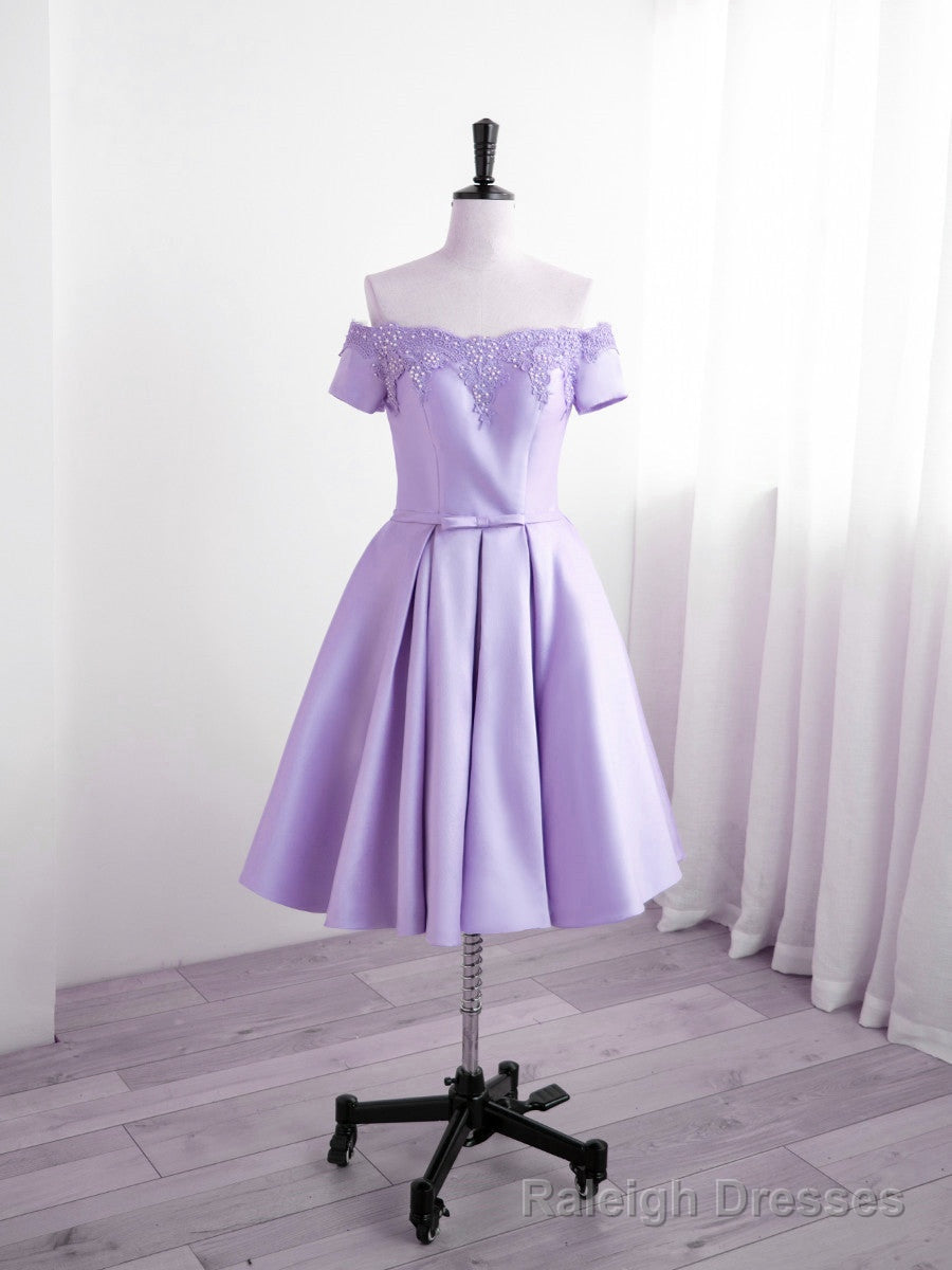 Light Purple Satin Short Prom Dress with Lace, Cute Short Homecoming Dress