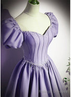 Light Purple Satin Short Sleeves Beaded Prom Dress, A Line Long Prom Dress