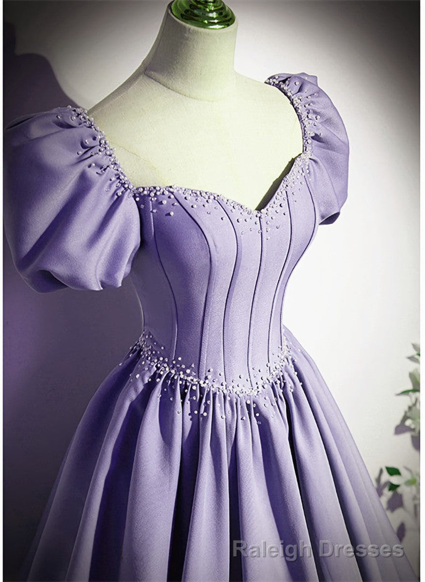 Light Purple Satin Short Sleeves Beaded Prom Dress, A Line Long Prom Dress