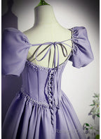 Light Purple Satin Short Sleeves Beaded Prom Dress, A Line Long Prom Dress