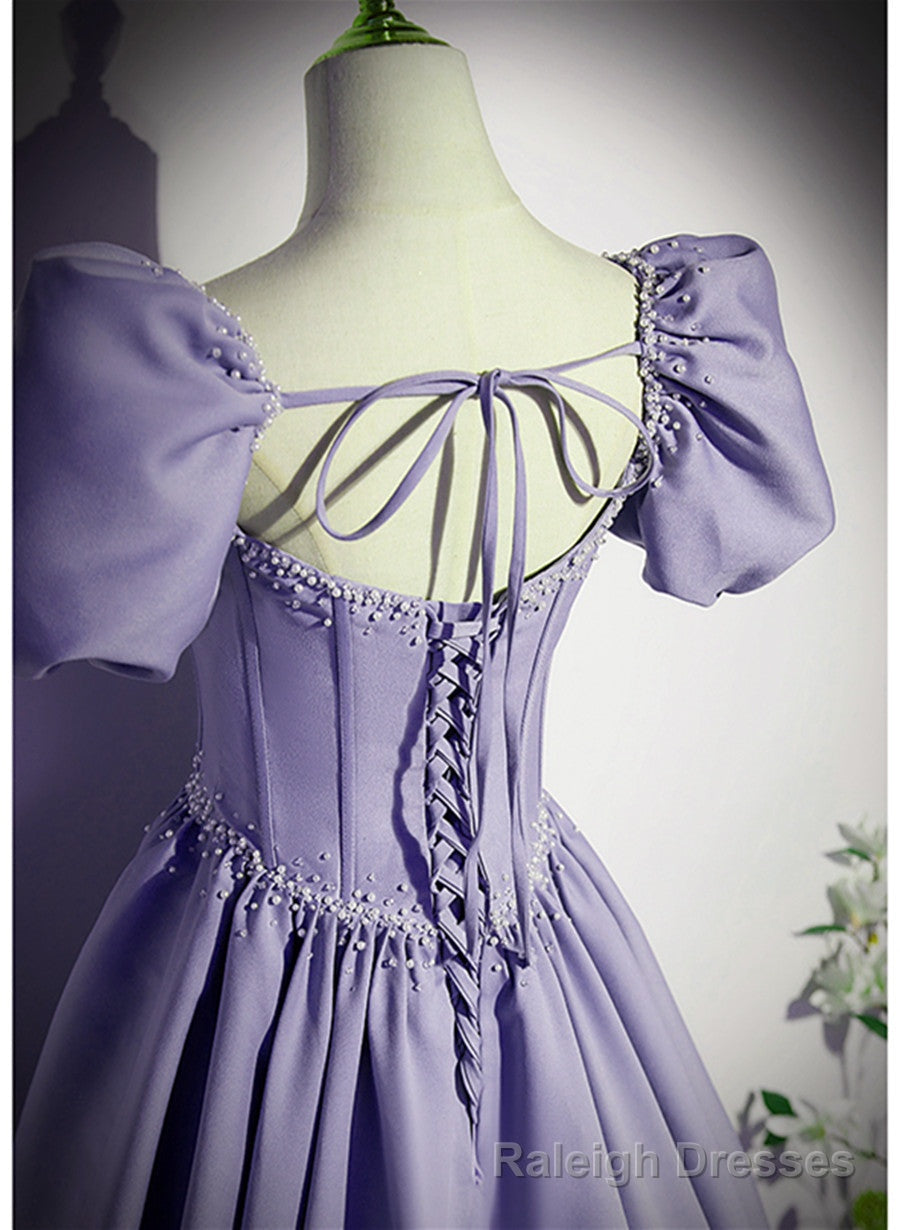 Light Purple Satin Short Sleeves Beaded Prom Dress, A Line Long Prom Dress