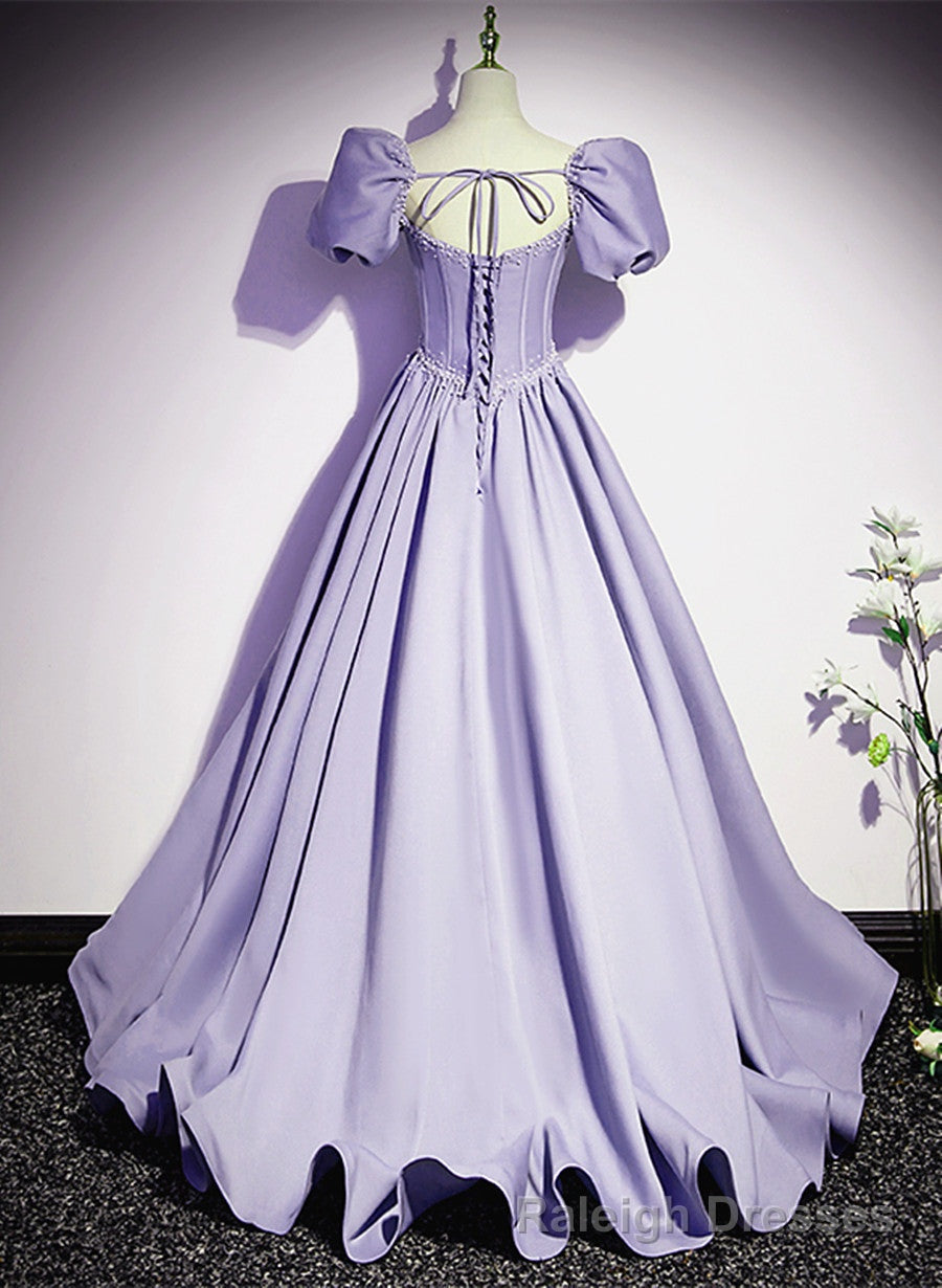 Light Purple Satin Short Sleeves Beaded Prom Dress, A Line Long Prom Dress Secondary image