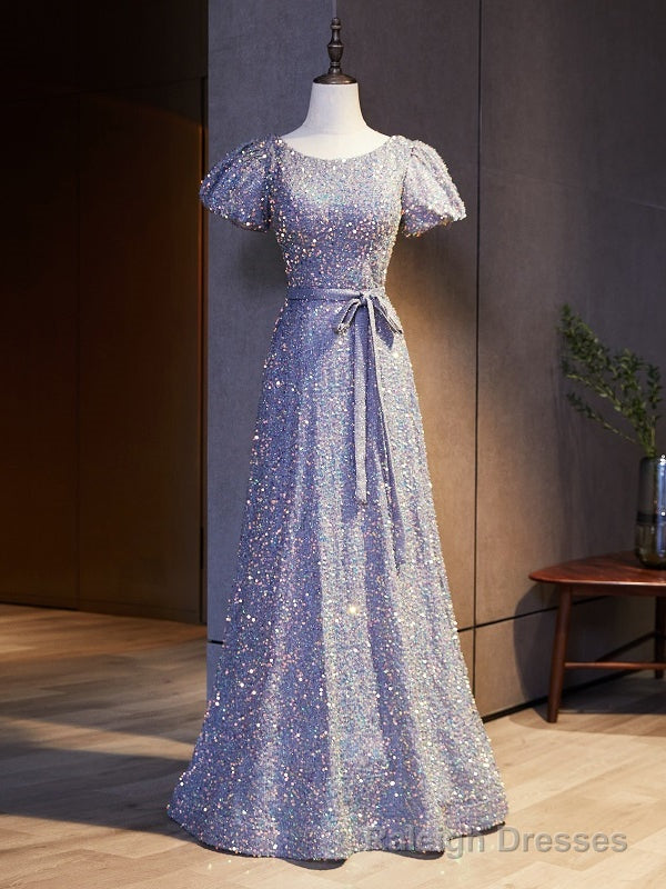 Light Purple Sequins Puff Sleeve Prom Dress Main image