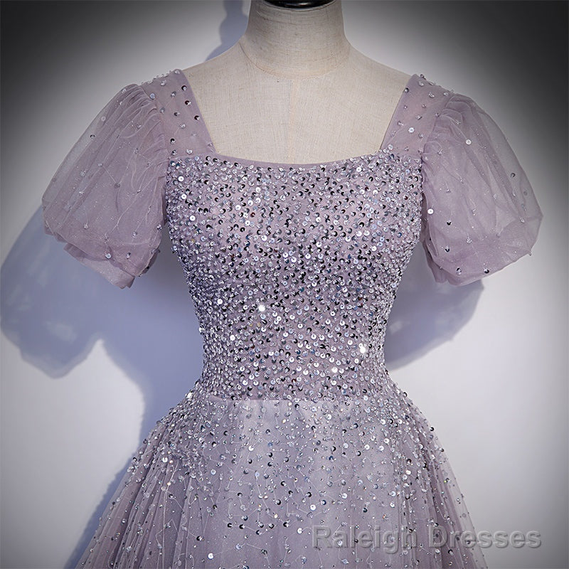 Light Purple Sequins Short Sleeves Prom Dress, Purple Formal Dresses Secondary image