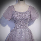 Light Purple Sequins Short Sleeves Prom Dress, Purple Formal Dresses