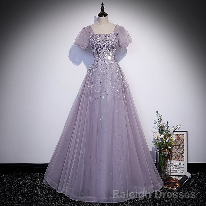 Light Purple Sequins Short Sleeves Prom Dress, Purple Formal Dresses