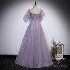 Light Purple Sequins Short Sleeves Prom Dress, Purple Formal Dresses
