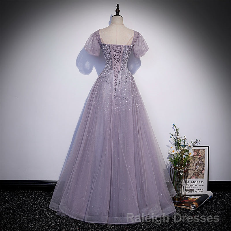 Light Purple Sequins Short Sleeves Prom Dress, Purple Formal Dresses