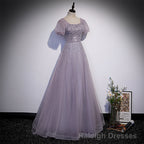 Light Purple Sequins Short Sleeves Prom Dress, Purple Formal Dresses
