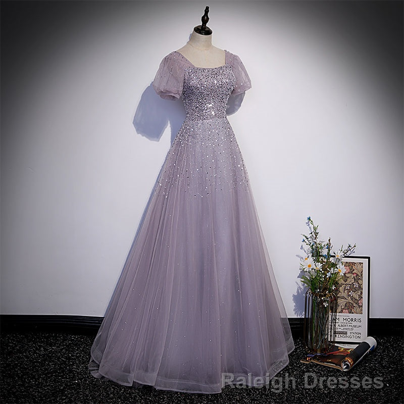 Light Purple Sequins Short Sleeves Prom Dress, Purple Formal Dresses