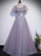 Light Purple Sequins Short Sleeves Prom Dress, Purple Formal Dresses