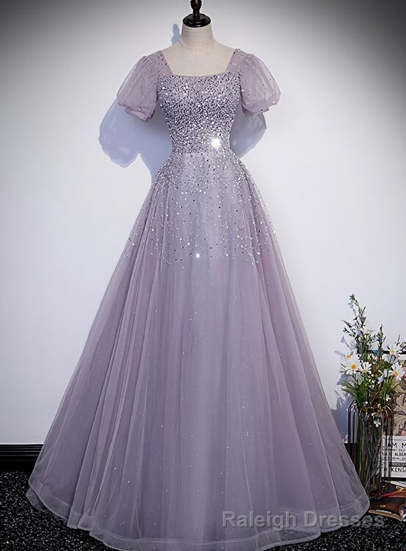 Light Purple Sequins Short Sleeves Prom Dress, Purple Formal Dresses