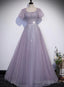 Light Purple Sequins Short Sleeves Prom Dress, Purple Formal Dresses