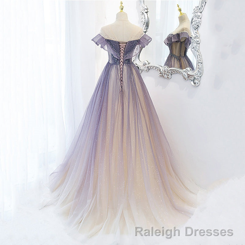 Light Purple Shiny Tulle Gradient A Line Sweetheart Prom Dress, Long Tulle Formal Dress