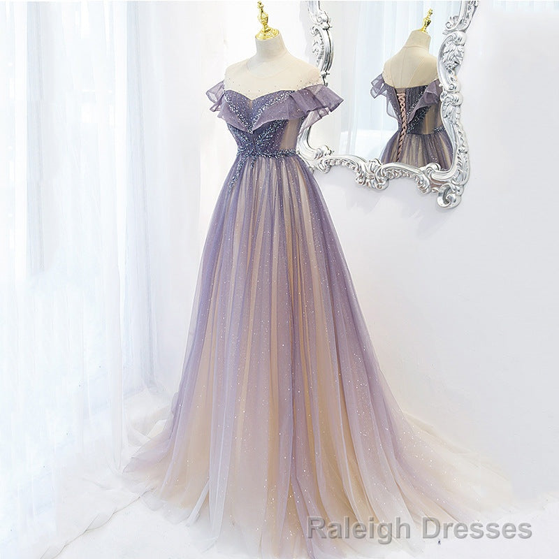 Light Purple Shiny Tulle Gradient A Line Sweetheart Prom Dress, Long Tulle Formal Dress