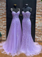 Light Purple Sweetheart Lace Long Formal Gowns, Purple Lace Prom Dress
