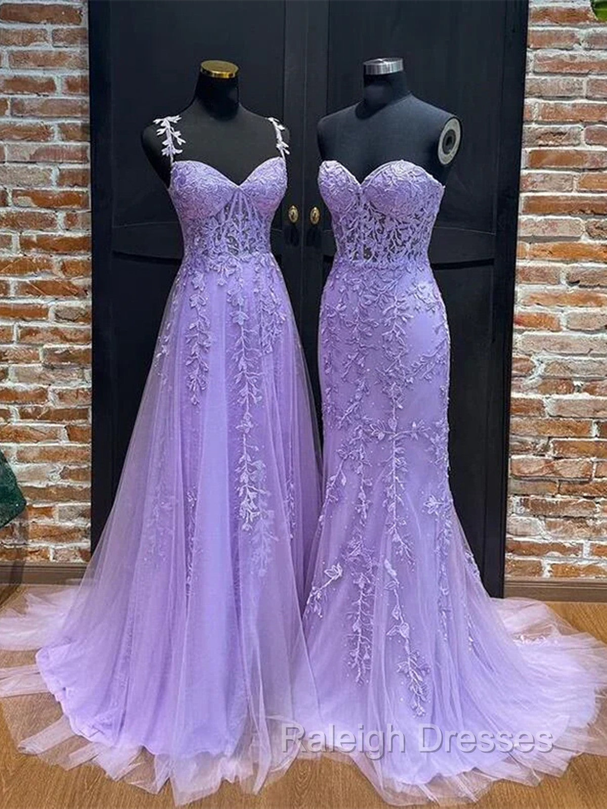 Light Purple Sweetheart Lace Long Formal Gowns, Purple Lace Prom Dress