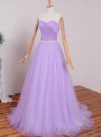 Light Purple Sweetheart Simple Beaded Waist Long Prom Dress, Tulle Prom Gowns Prom Dress