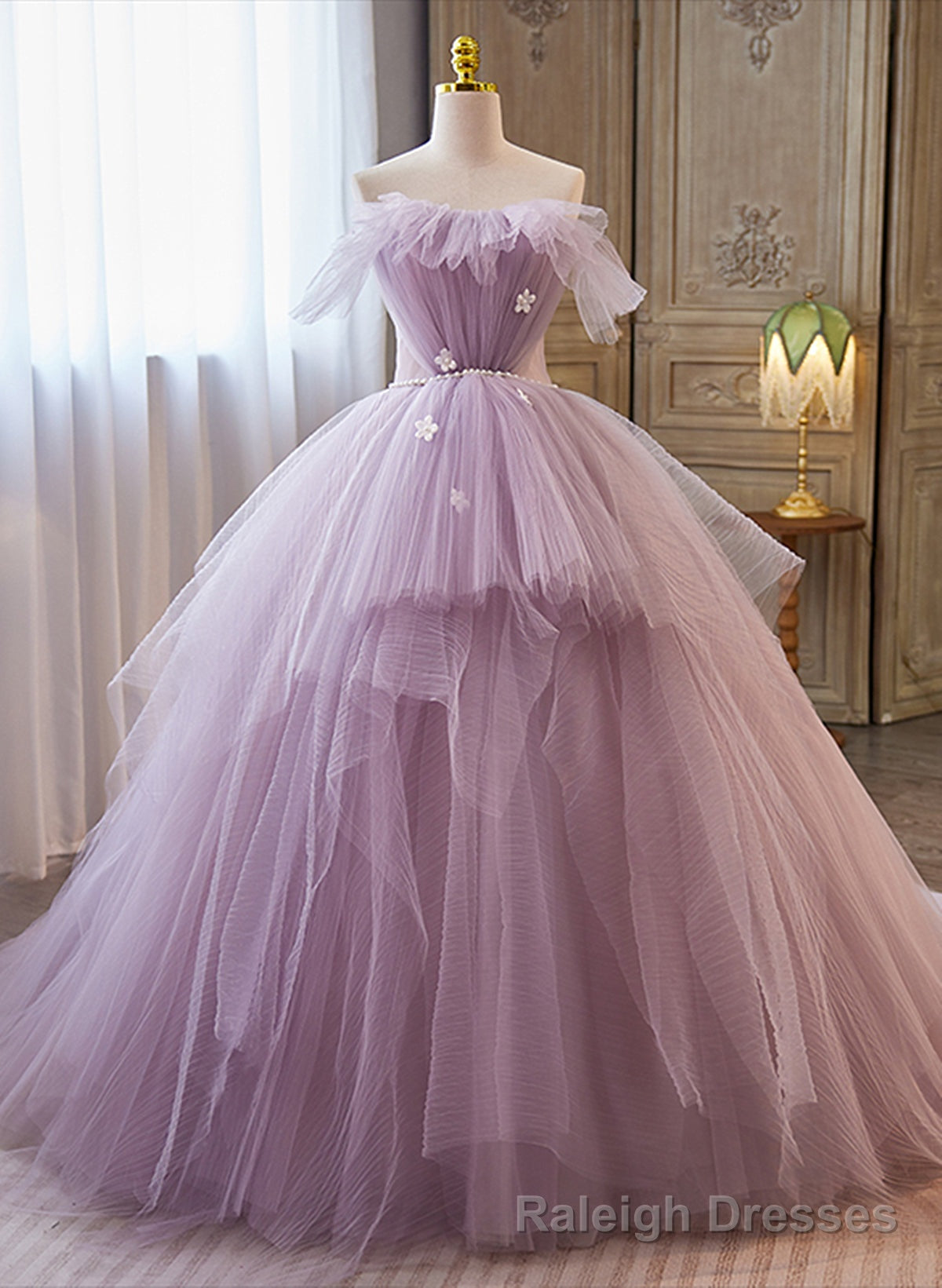 Light Purple Tulle Ball Gown Long Sweet 16 Dress, Off Shoulder Light Purple Formal Dress Secondary image