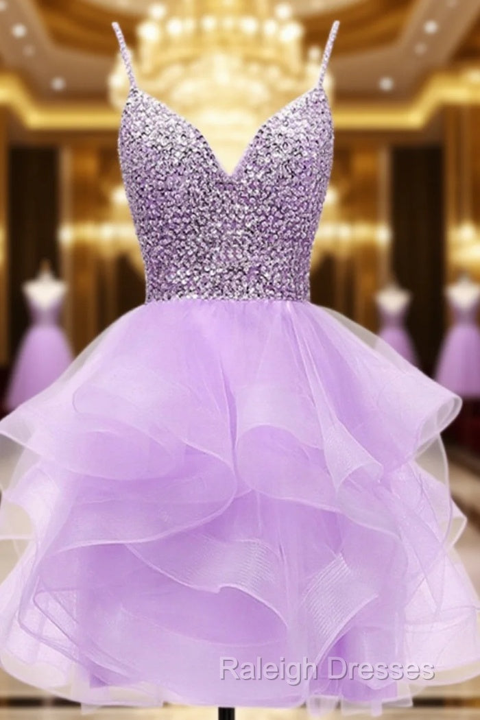 Light Purple Tulle Beaded Short Homecoming Dress, Light Purple Short Prom Dress Main image