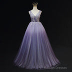 Light Purple Tulle Gradient Lace Applique Prom Dresses Beautiful Long Prom Dresses