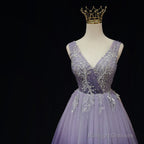 Light Purple Tulle Gradient Lace Applique Prom Dresses Beautiful Long Prom Dresses