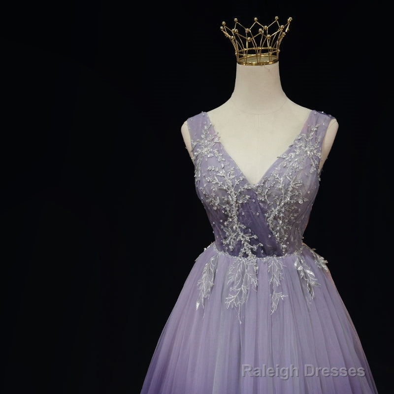 Light Purple Tulle Gradient Lace Applique Prom Dresses Beautiful Long Prom Dresses