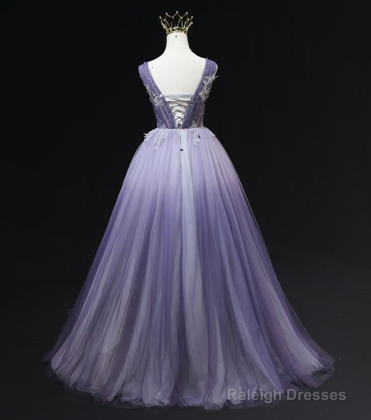 Light Purple Tulle Gradient Lace Applique Prom Dresses Beautiful Long Prom Dresses