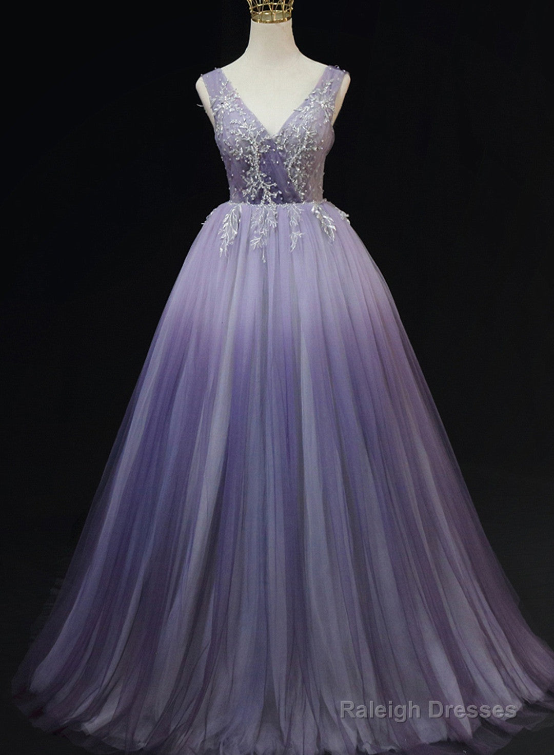 Light Purple Tulle Gradient Lace Applique Formal Dress, Beautiful Long Prom Dress Main image