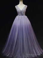 Light Purple Tulle Gradient Lace Applique Prom Dresses Beautiful Long Prom Dresses