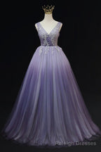 Light Purple Tulle Gradient Lace Applique Formal Dress, Long Prom Dress