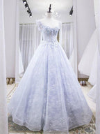 Light Blue Tulle Lace Long Prom Dress, Blue Evening Dress