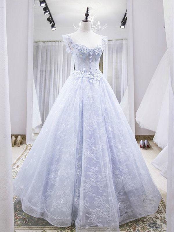 Light Blue Tulle Lace Long Prom Dresses Blue Prom Dresses