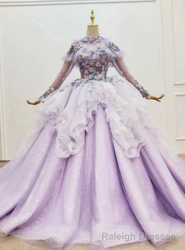 Light Purple Tulle Long Sleeve Appliques Beading Wedding Dress