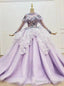 Light Purple Tulle Long Sleeve Appliques Beading Wedding Dress