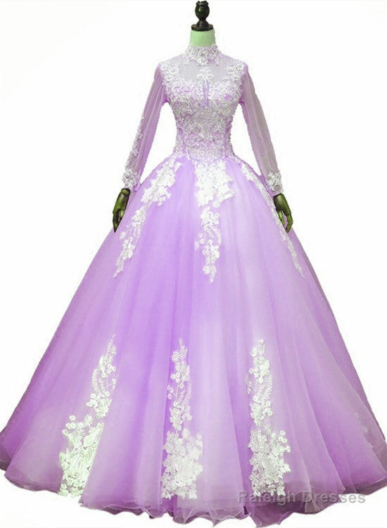 Light Purple Tulle Long Sleeves Applique Sweet 16 Gown, Beautiful Evening Dress Formal Dress Main image