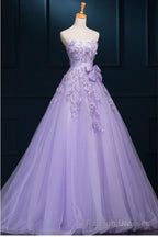 Light Purple Tulle Long Sweet 16 Dress with Bow, Lace Applique Purple Prom Dress